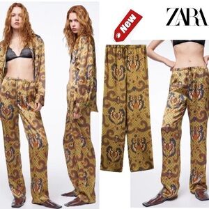 Zara green brown Paisley floral print satin effect tropical bohemian boho pants